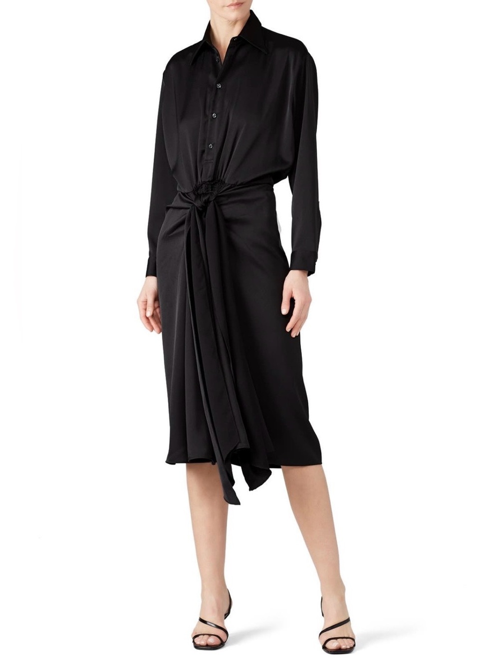 Tome~Black Long-Sleeve Midi Shirt Dress with Waist Tie~Size 4~$495~